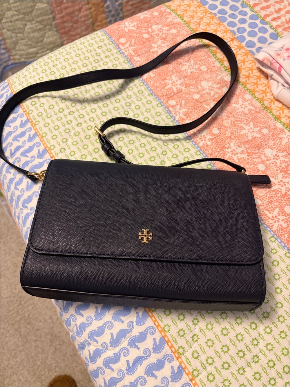 Tory Burch Black Crossbody Saffiano Leather Bag with Gold Logo